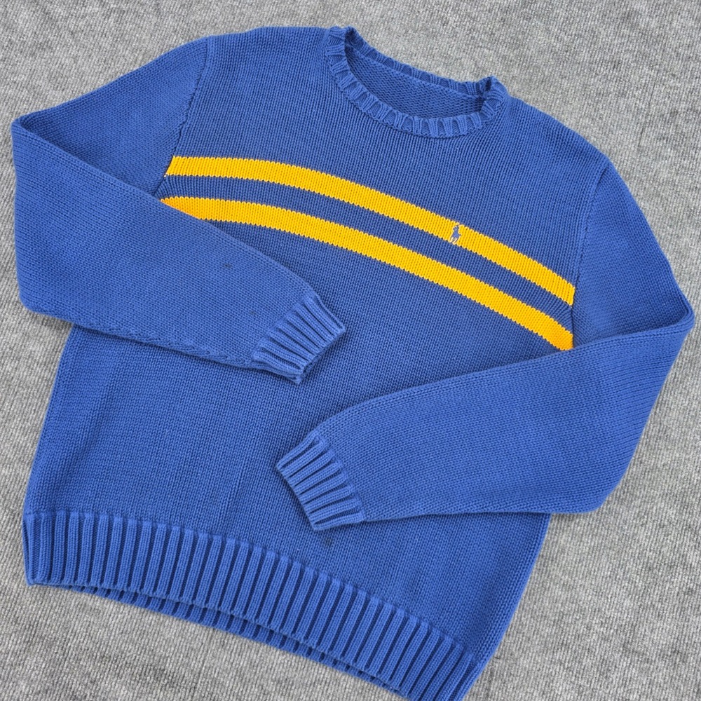 Polo Ralph Lauren Mens Blue Yellow Striped Cotton Knit Crewneck Sweater L